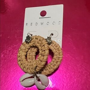 Tan Woven Earrings with White Shell Charms
